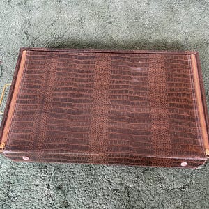May include: A rectangular brown case with a faux crocodile skin texture. The case has a gold-colored zipper and a small gold handle. The case is closed and appears to be empty.