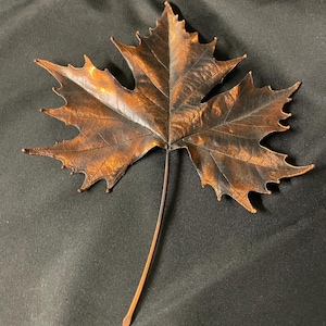 May include: A detailed, bronze-colored maple leaf with intricate veining and a long stem. The leaf's edges are jagged, and the overall appearance is metallic and textured. The leaf is set against a dark, textured background.