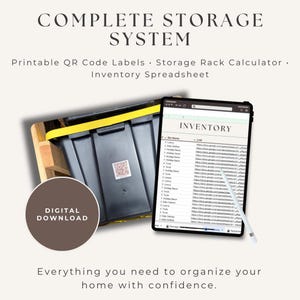 May include: Digital download graphic with the text "COMPLETE STORAGE SYSTEM." The image shows a black storage bin with a yellow handle, a tablet displaying an inventory spreadsheet, and a QR code label.