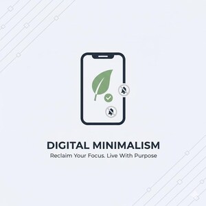 Może przedstawiać: Ikona smartfona z zielonym liściem i znakiem wyboru, wraz z dwiema ikonami dzwonka, na białym tle. Tekst "DIGITAL MINIMALISM" i "Reclaim Your Focus. Live With Purpose" są wyświetlane pod ikoną telefonu.