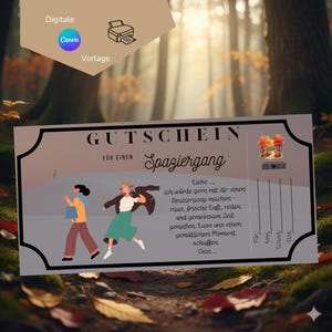 Puede incluir: Un diseño de vale de regalo con la palabra "GUTSCHEIN" en la parte superior. El certificado presenta dos figuras caminando, con texto en alemán. El diseño incluye las palabras "Digitale", "Canva" y "Vorlage".