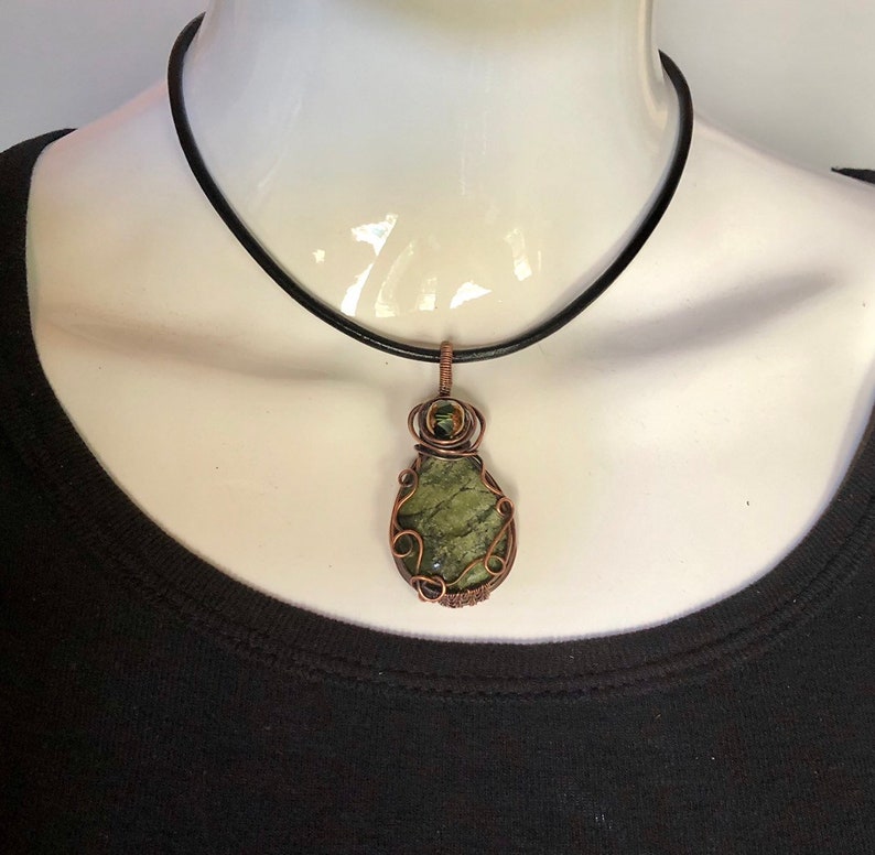 wire wrapped green serpentine gemstone in antique copper pendant necklace