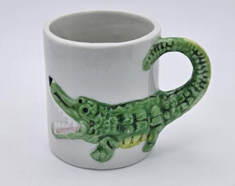 Vintage 1978  Enesco Green Alligator Kids Coffee Mug Tea Cup with 3D Tail Handle