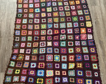 Granny Square Afghan Crochet Handmade Blanket  Approx 50x59" Vintage Roseanne