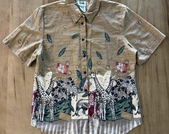 Vintage 90s Tapestry Button Down Shirt Size M Safari Print Shirt Giraffe USA