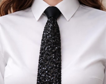 Black Sequin Pre-Tied Tie – Satin Statement Necktie for Party & Evening Wear