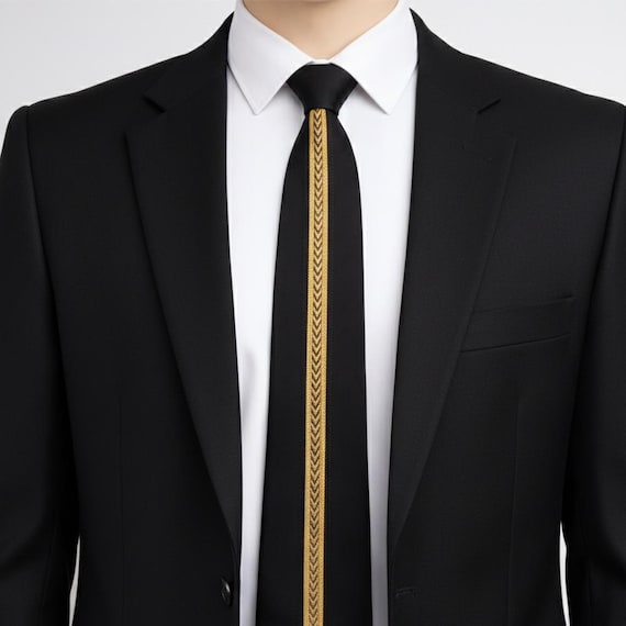 black dress shirt with gold tie Satin Embroidered Pre-Tied party holiday