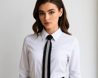 Black Satin Crystal Stripe Pre-Tied Tie – Statement Necktie for Formal & Evening