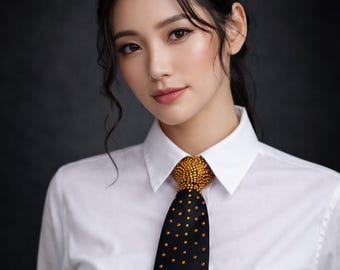 Black Satin Orange Crystal Pre-Tied Tie – Statement Necktie for Bold Style