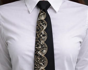 Black Satin Wave Sequin Pre-Tied Tie – Statement Necktie for Formal & Style