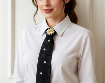 Black Embroidered Pearl Pre-Tied Tie – Statement Necktie for Casual & Formal