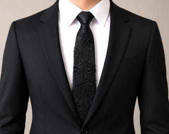 Black Embroidered Pre-Tied Tie – Statement Necktie, Gift for Him, Father’s Day