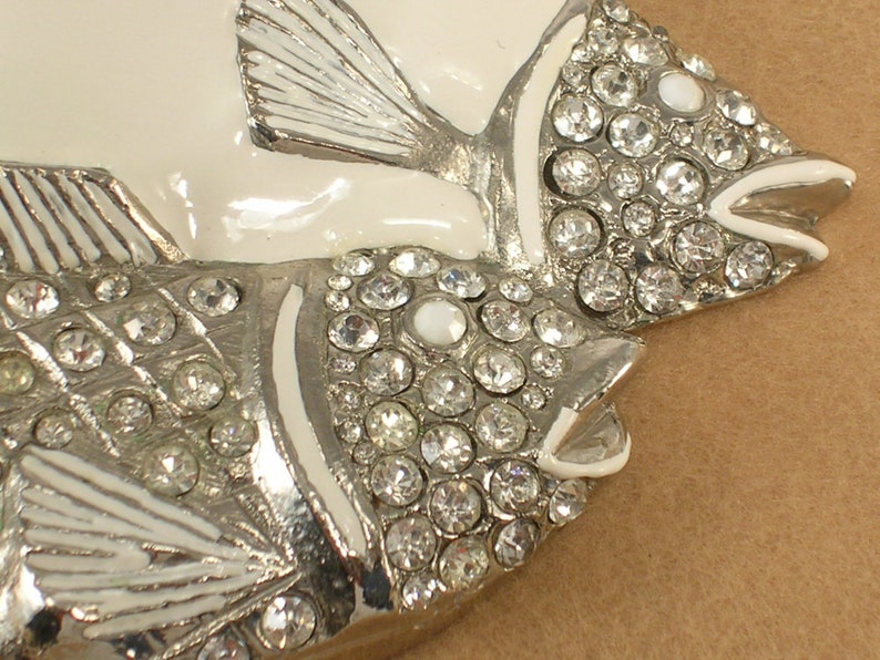 White Enamel and Rhinestones Fish Pair Buckle Women/'s Unsigned Large 80s Era