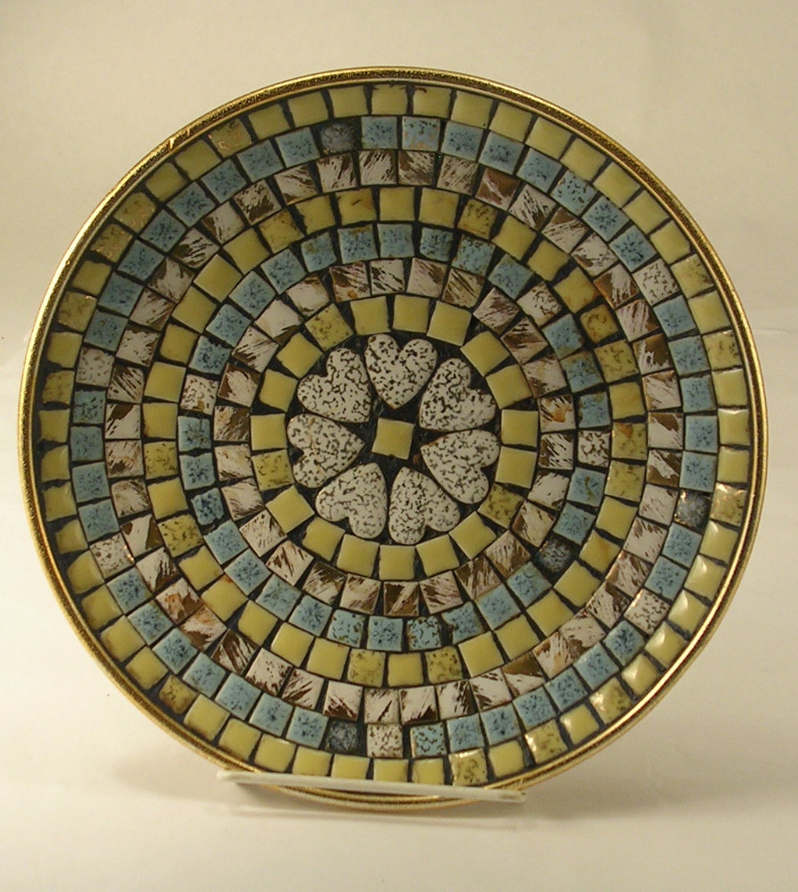 Mosaic Tile Plate Decorated in Yellow Blue with White and Gray Etsy