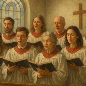 Pode incluir: Pintura de um coro cantando em uma igreja. Os membros do coro, vestidos com vestes brancas com golas vermelhas, seguram livros abertos. Uma cruz de madeira está pendurada na parede atrás deles. Uma vela queima em um castiçal de parede.