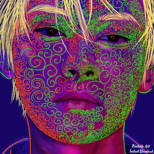 May include: Digital art portrait of a person with neon green, orange, and purple swirls covering the face. The person has blonde hair and dark eyes. The background is a deep blue. The words "Printable Art Instant Download" are in the bottom right corner.