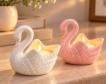Ceramic Swan Tealight Holder, Elegant Feather Texture, White or Pink Home Decor