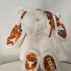 May include: A plush white bunny with brown and orange patterned ears and feet. The ears and feet feature a repeating pattern of the Texas Longhorns logo and the word "TEXAS". The bunny has brown ribbon accents and a pink nose.