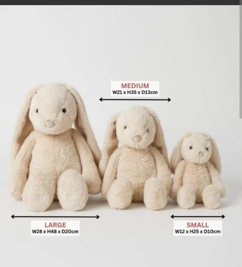 May include: Three plush bunny toys in varying sizes. The largest is 11 inches wide, 19 inches tall, and 8 inches deep. The medium bunny is 8 inches wide, 14 inches tall, and 5 inches deep. The smallest is 5 inches wide, 10 inches tall, and 4 inches deep.