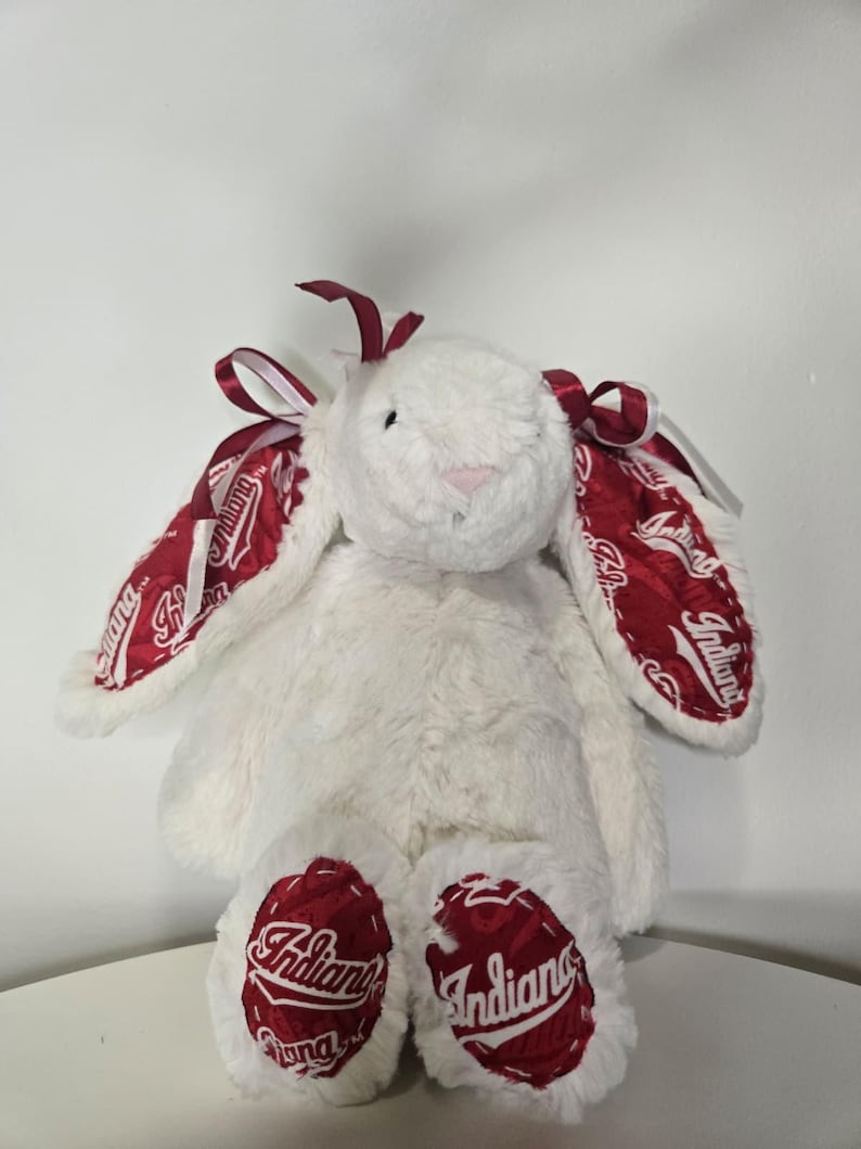 May include: A plush white bunny with red accents. The bunny's ears and feet feature a red and white design with the word "Indiana". The bunny has a pink nose and red ribbon accents.