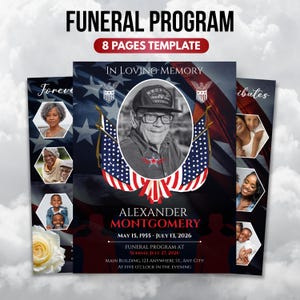 Puede incluir: Una plantilla de programa fúnebre con el texto "FUNERAL PROGRAM" y "8 PAGES TEMPLATE". El diseño incluye una foto de un hombre, el texto "IN LOVING MEMORY" y el nombre "ALEXANDER MONTGOMERY". El programa tiene un tema de bandera estadounidense.