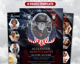 USA Military Floral Funeral Program Template, 8-Page Memorial (Canva, PDF)