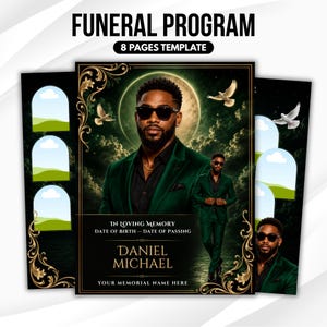 Puede incluir: Una plantilla de programa funerario de 8 páginas con el retrato de una persona con traje verde y gafas de sol sobre un cielo iluminado por la luna con palomas. El texto dice Funeral Program, In Loving Memory y Daniel Michael.