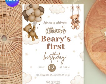 Editable Teddy Bear First Birthday Invitation, Boho Neutral Invite (Digital Download)