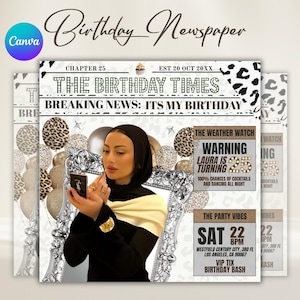 May include: A birthday newspaper design with the headline "The Birthday Times" and the text "Breaking News: It's My Birthday." The design includes a photo of a person applying makeup, leopard print accents, and event details.