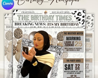Birthday Newspaper Invitation, Leopard Glam Party Invite (Digital Download)