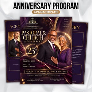 Puede incluir: Una plantilla de programa de aniversario de cuatro páginas con un esquema de color morado oscuro y dorado. La portada muestra una fotografía de una pareja, el texto Pastoral & Church Anniversary, 25th, y detalles de Bishop Marcus Reed y First Lady Evelyn Reed.