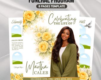 Yellow Rose Floral Funeral Program Template, 8-Page Memorial (Canva, PDF)