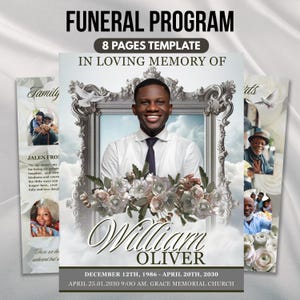 Könnte beinhalten: Beerdigungsprogramm-Vorlage mit dem Text "Funeral Program" und "8 Pages Template". Das Design beinhaltet ein Porträt eines Mannes, Blumengestecke und den Namen "William Oliver". Zusätzlicher Text enthält Daten und einen Kirchennamen.
