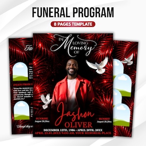 May include: Funeral program template with a red and black design. The cover features a photo of a smiling person, the text "In Loving Memory of" and the name "Jashon Oliver". Includes dates and memorial details.