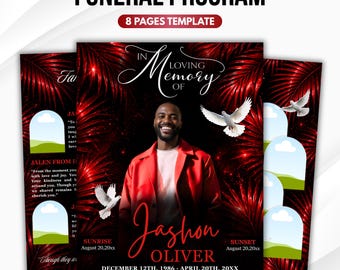 Red & Black Floral Funeral Program Template, 8-Page Memorial (Canva, PDF)