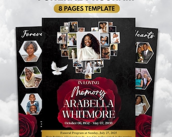 Black & Gold Floral Funeral Program Template, 8-Page Memorial (Canva, PDF)