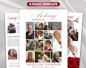 White & Red Floral Funeral Program Template, 8-Page Memorial (Canva, PDF)