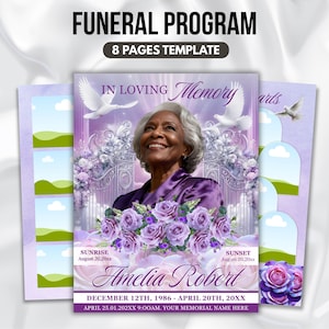 Purple Floral Funeral Program Template, 8-Page Memorial (Canva, PDF)