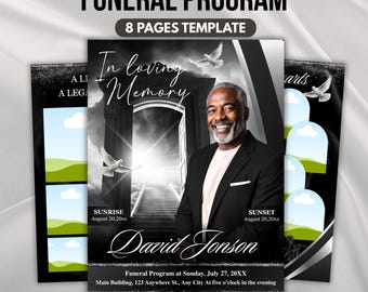 Black & Silver Roses Funeral Program Template, 8-Page Memorial (Canva, PDF)