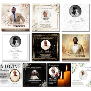 May include: A collection of memorial cards with various designs. Each card features a portrait, the phrase "In Loving Memory," and names like Lawrence Brooks, Joey Williamson, and Juliana Silva. The cards have floral and dove motifs.