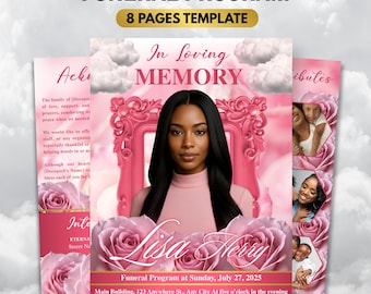 Pink Floral Funeral Program Template, 8-Page Memorial (Canva, PDF)