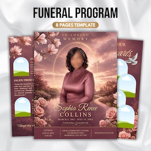 Puede incluir: Una plantilla de programa funerario de 8 páginas con un paisaje al atardecer, flores de magnolia rosas y rosas. La portada muestra el texto In Loving Memory, Sophia Renee Collins y fechas. Incluye marcadores de posición para fotos y detalles.