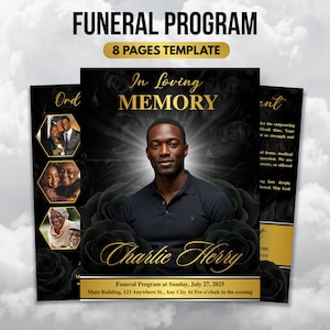 Black & Gold Floral Funeral Program Template, 8-Page Memorial (Canva, PDF)