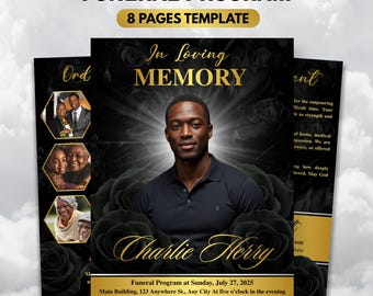 Black & Gold Floral Funeral Program Template, 8-Page Memorial (Canva, PDF)