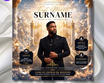 Black & Gold Funeral Announcement Flyer, Celebration of Life Evite (Digital Download Canva Template 1080x1080px )