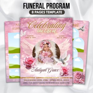 May include: A pink funeral program template with the text "Funeral Program" and "8 Pages Template". The cover features a baby with angel wings, roses, and doves. The text reads "Celebrating the Life of Aaliyah Grace".