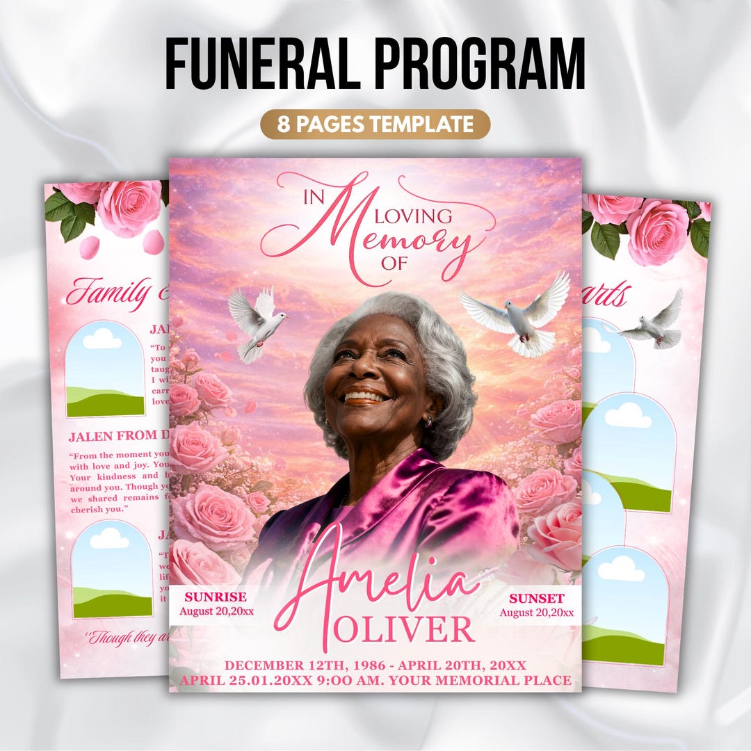 Sample Funeral Programs With Roses Pink Rose Floral Funeral Program Template, 8-page Memorial (canva, PDF ...