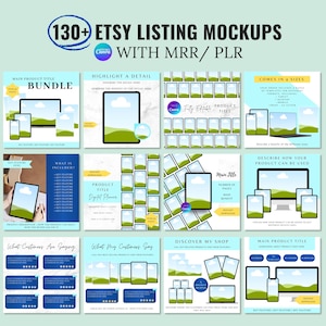May include: A promotional image showcasing Etsy listing mockups. The image features a grid of colorful squares, each displaying a different design concept. Text includes "130+ Etsy Listing Mockups with MRR/PLR" and various product titles and features. The overall theme is digital product promotion.