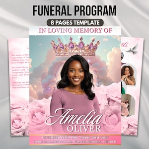 Könnte beinhalten: Trauerprogrammvorlage mit rosa und weißem Blumendesign. Die Titelseite zeigt ein Foto einer Frau, eine Krone und den Text "Amelia Oliver". Zusätzlicher Text enthält Daten und den Namen einer Kirche.