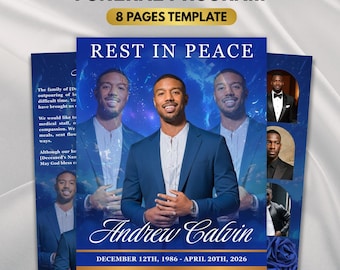 Blu Floral Funeral Program Template, 8-Page Memorial (Canva, PDF)